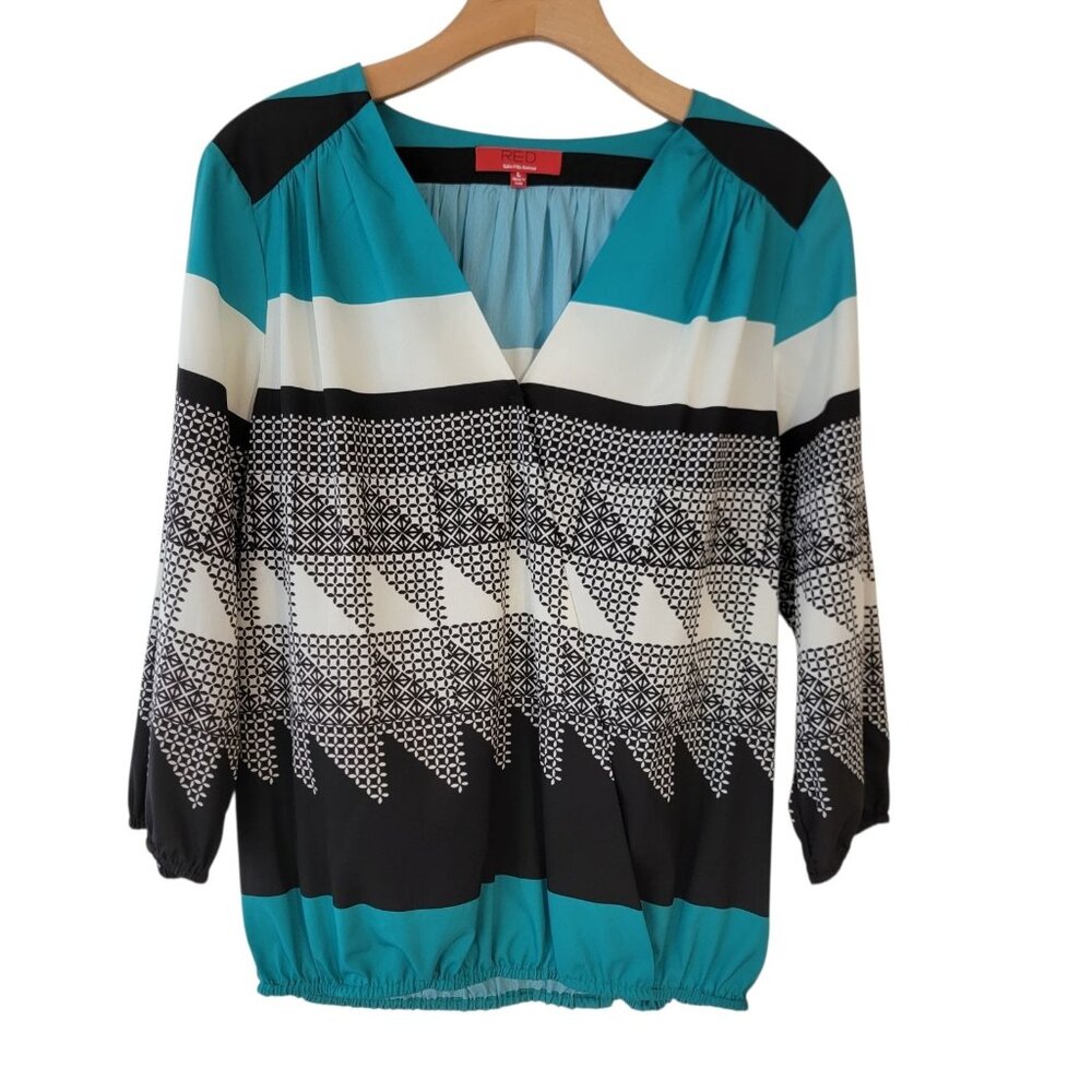 RED Label Saks Fifth Avenue Top Size L Multicolor Faux Wrap Blouse Career